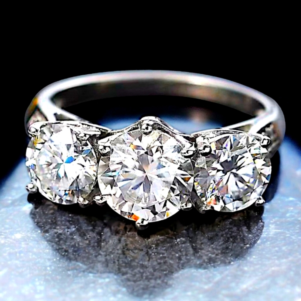 🔥 Reduced! Moissanite 2.90 ctw Three Stone Ring in Rhodium Over Sterling Silver